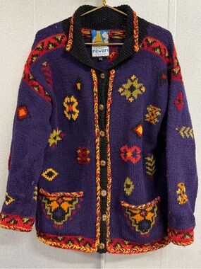 Nepal Newari Wool Sweater Cardigan Chunky Knit Boho Tribal L XL
